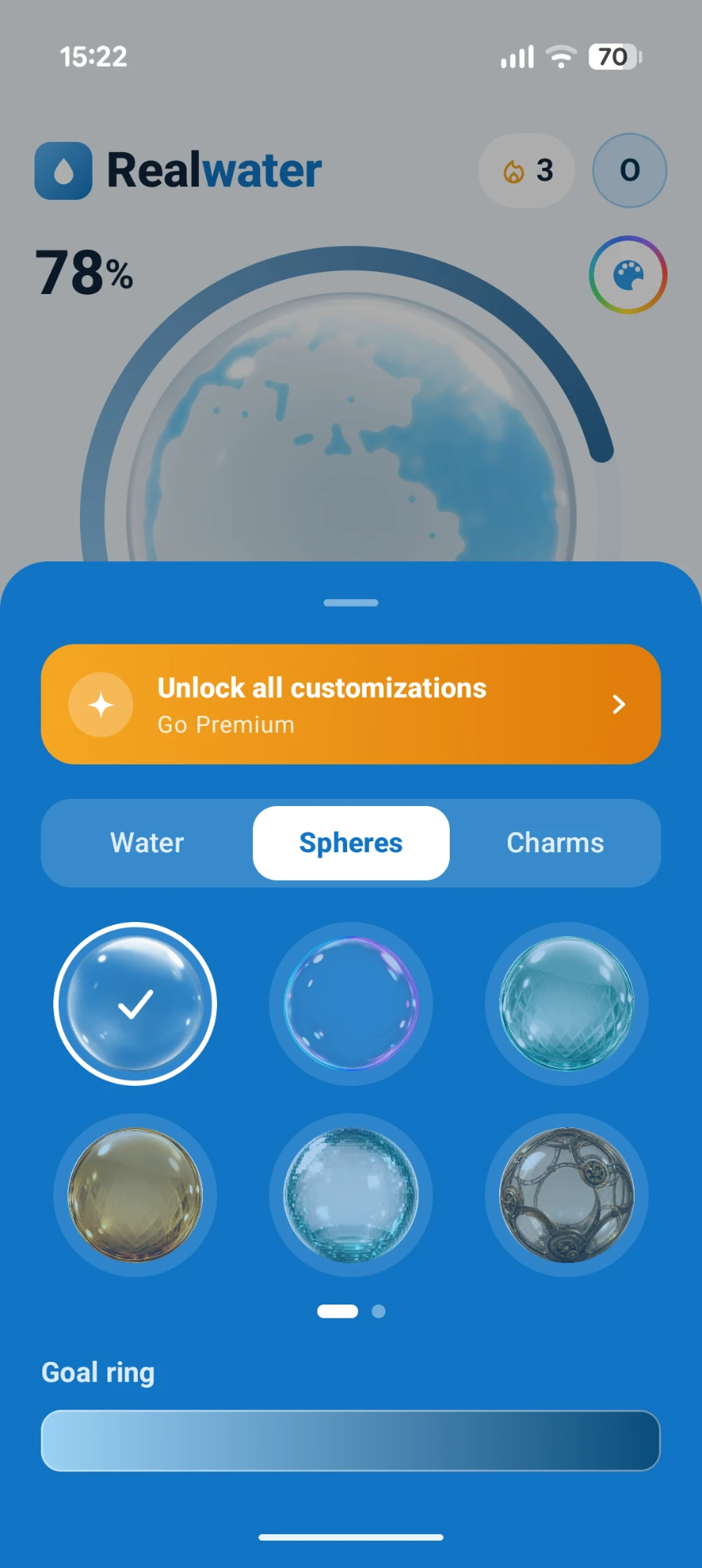 Customization screen with sphere styles