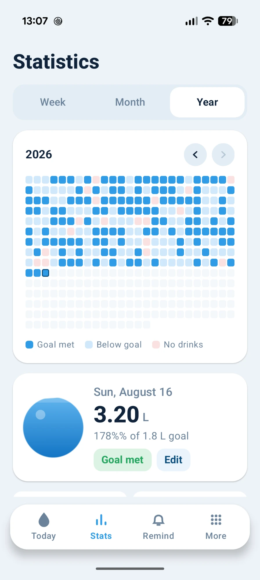Statistics screen with the yearly goal heatmap